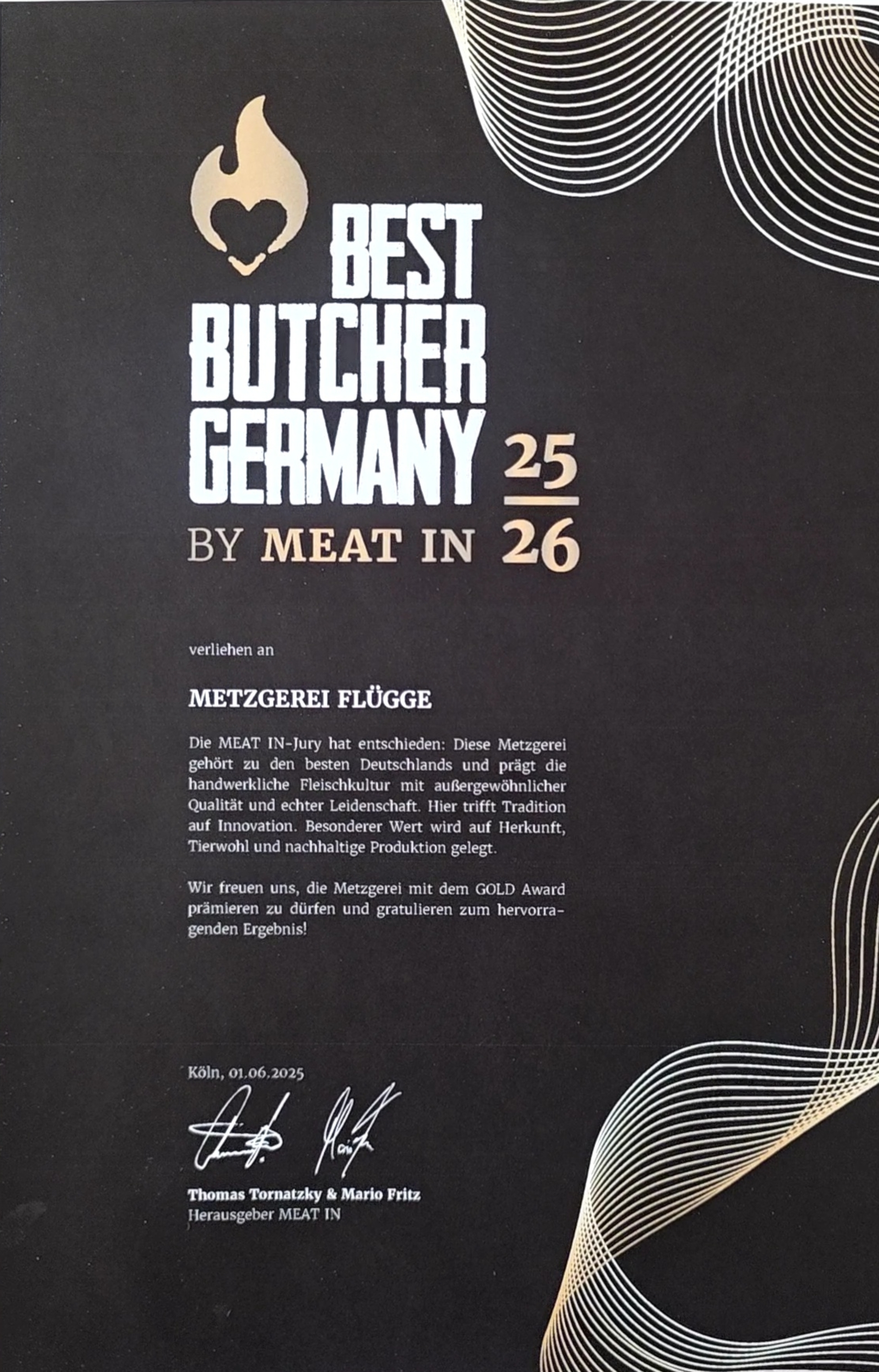 Best Butcher in Germany 2025/26 — Gold Award, verliehen an Metzgerei Flügge